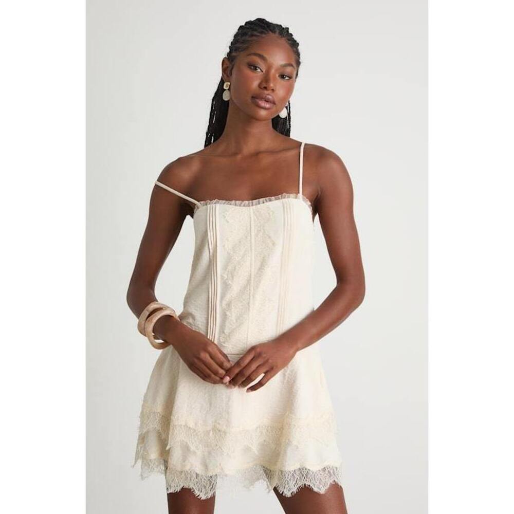 Lulus Sahima Cream Lace Tiered Mini Dress White - Size M